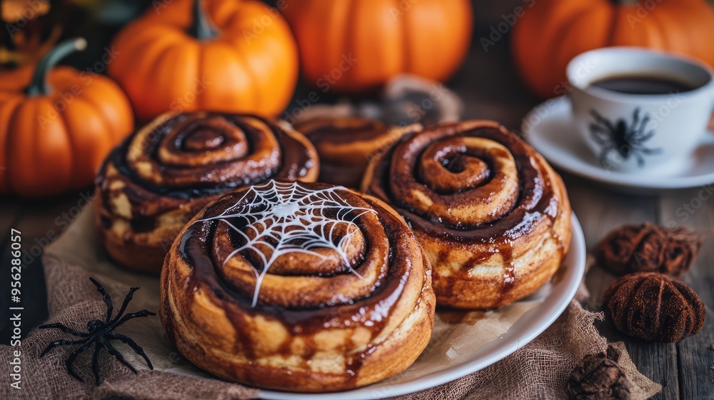 Fototapeta premium Freshly Baked Halloween Cinnamon Rolls with Spider Web Ornament, Coffee Cup, and Orange Pumpkins in Background, 3D Illustration. AI generated illustration.