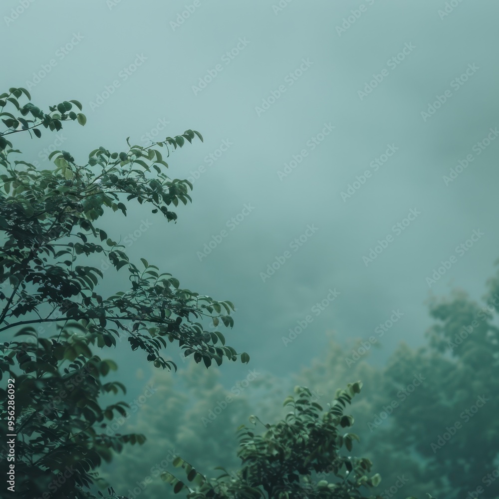 Green Leaves Silhouetted Against a Misty Sky Green Leaves Silhouetted Against a Misty Sky