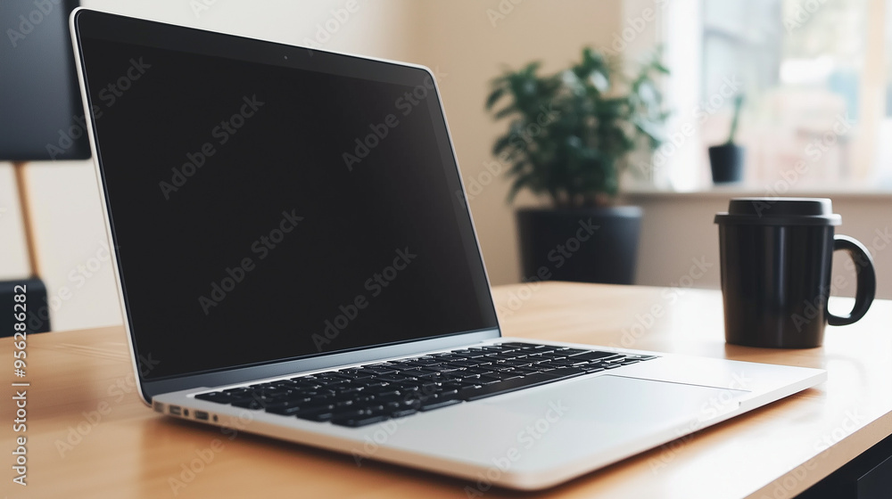 Fototapeta premium A minimalist, modern workspace featuring a sleek laptop on a wooden desk, with a potted plant and coffee cup in the background. The setting emphasizes productivity, creativity, and the work-from-home