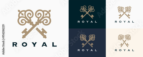 A set of vintage crossed key logos representing luxury and royalty, perfect for branding and design projects. Ideal for conveying elegance and sophistication.