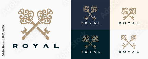 A classic set of vintage royal key logos, showcasing elegant and luxurious design elements, perfect for branding and marketing materials.