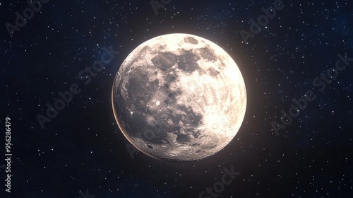 Highly detailed 3D cartoon rendering of a bright full moon in a dark night sky Full moon background showcasing the lunar phase