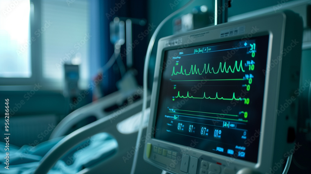 Medical Monitor Showing Vital Signs in a Dimly Lit Hospital Room Medical Monitor Showing Vital Signs in a Dimly Lit Hospital Room