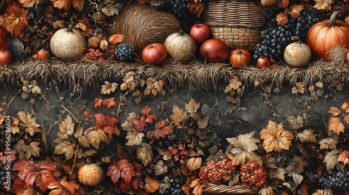 A seamless pattern of vintage scythes, baskets overflowing with autumn produce, and neatly stacked hay bales, the earthy colors and intricate details capturing the charm of a rustic harvest scene,