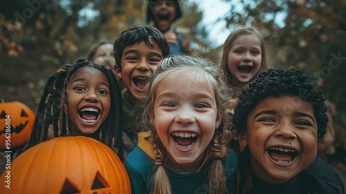 Group of Children Celebrating Halloween, Festive and Joyful 3D Illustration. AI generated illustration.