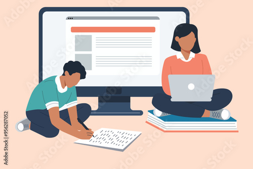 Woman works at laptop computer. Student with pen and paper at notebook, studying online, composing essay on floor Flat vector illustration