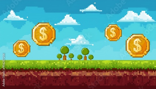 Vector illustration of a retro 8-bit video game victory screen, featuring a pixelated background with coins, grass, and trees. Include a 'Level Up' arcade interface for the winner