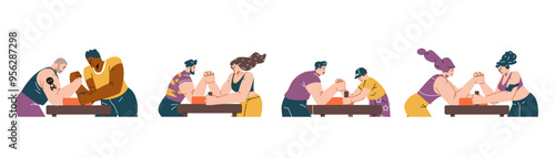 Arm wrestling competition game, young women and men playing arm wrestling on the table vector set, sport power battle