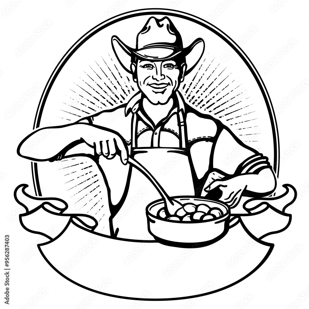 Cowboy cooking graphic label printable. Cowboy Chef cooking Nevada basque bread. Cowboy traditional food vector outline illustration isolated on white background for design
