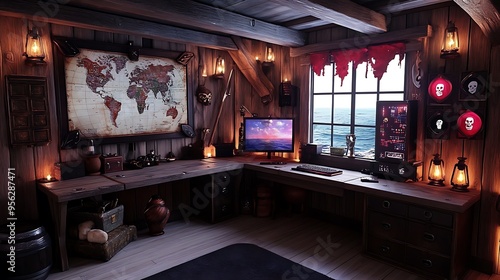 A swashbuckling pirate's cove gaming room, featuring wooden beams, a weathered desk resembling a ship captain’s table, and a large map of the seas on the wall,