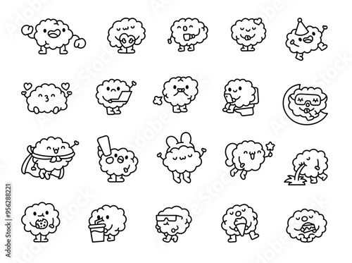 Brain creative character. Coloring Page. Smart kawaii organ. Hand drawn style. Vector drawing. Collection of design elements.