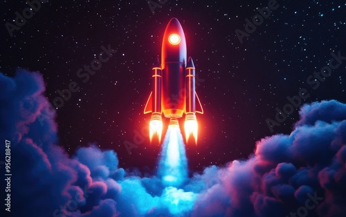 Rocket soaring into the starry sky in a 3D cartoon rendering Spaceship commences its mission Space shuttle launches for the mission photo