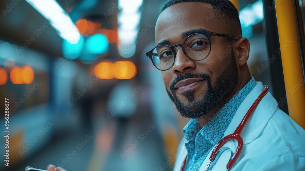 Busy Doctor Commuting: Reading Medical Notes on Tablet in White Coat Busy Doctor Commuting: Reading Medical Notes on Tablet in White Coat