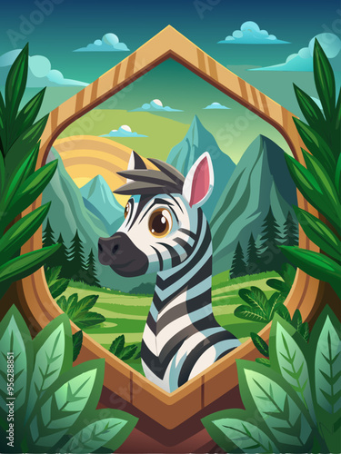 A Cartoon Zebra Peeking Out of a Wooden Frame in a Jungle Landscape
