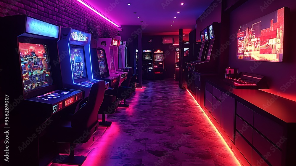 A vibrant retro arcade room, with bright neon pink and blue lights illuminating classic arcade machines, pixelated characters on the walls, and a patterned carpet reminiscent of the 80s, A vibrant retro arcade room, with bright neon pink and blue lights illuminating classic arcade machines, pixelated characters on the walls, and a patterned carpet reminiscent of the 80s,