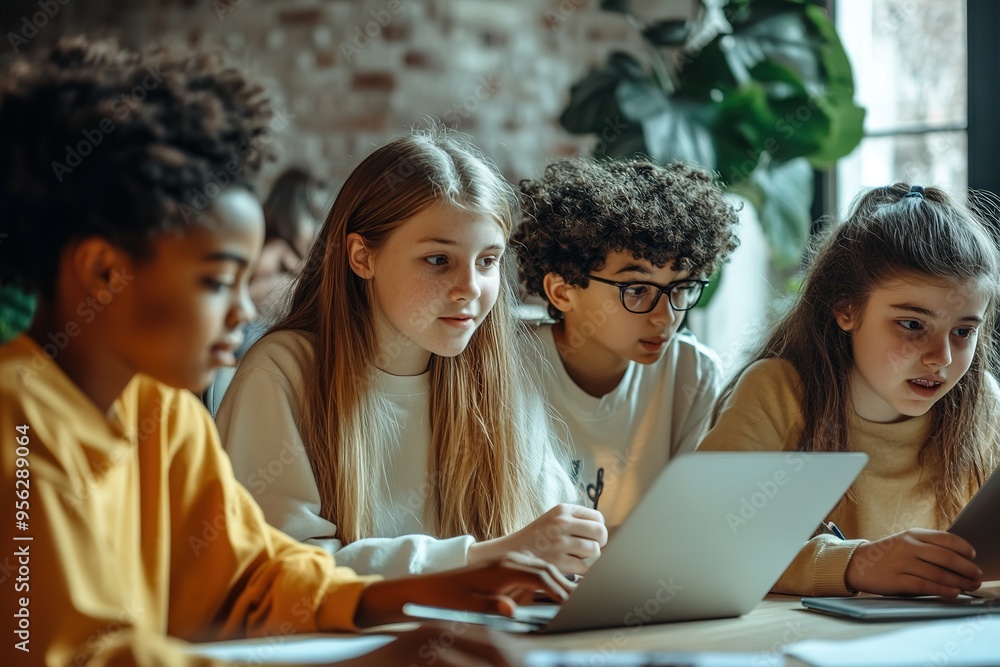 Fototapeta premium Diverse students engaged with laptop in classroom