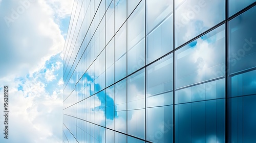 An abstract close up of a modern glass building's exterior, capturing the reflections of clouds and other structures. 