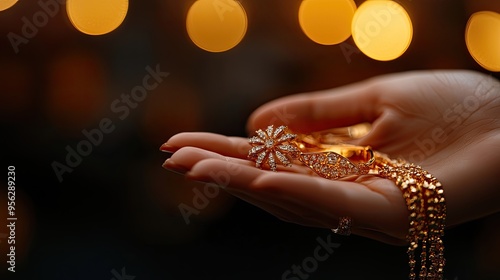 A close-up of a hand holding shiny gold jewelry against a blurred warm background, showcasing elegance and luxury. photo