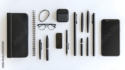 A flat lay of office supplies arranged neatly on a white background, including a notebook, pen, smartphone, and eyeglasses.