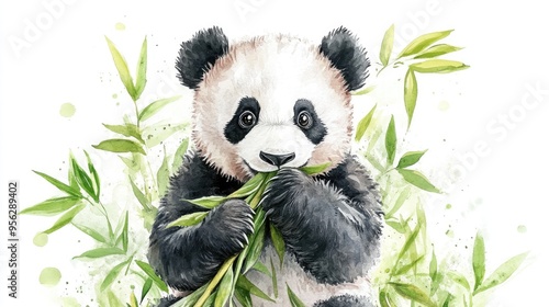 Watercolor Illustration of a Panda Bear Eating Bamboo
