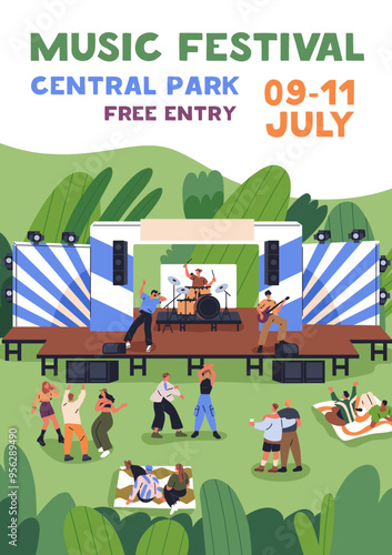 Music festival poster background. Open-air, summer holiday event in nature, park. Outdoor concert, party, fest, advertising card, invitation flyer, placard design. Flat graphic vector illustration