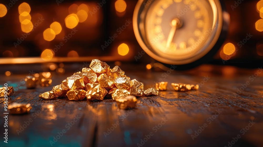 A pile of shiny gold nuggets on a wooden surface with a blurred vintage clock and soft bokeh lights in the background. A pile of shiny gold nuggets on a wooden surface with a blurred vintage clock and soft bokeh lights in the background.
