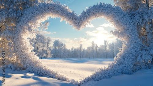 Romantic winter landscape featuring a heart shaped frame Images created without the use of any AI technology