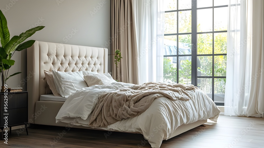 A stylish bedroom with a neatly made bed, featuring a tufted headboard and luxurious bedding in neutral tones. A stylish bedroom with a neatly made bed, featuring a tufted headboard and luxurious bedding in neutral tones.