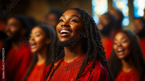 Joyful Gospel Choir Singing in Church, Group in Red Tunics, Spiritual Harmony and Worship, Uplifted Souls, Bright Smiles, African American Choir Celebrating Faith, Sunday Service, Church Community