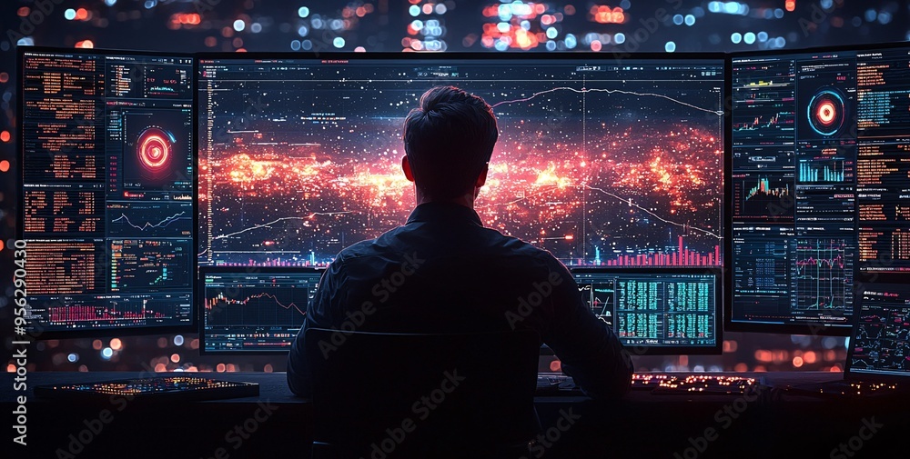 A finance trade manager analyzing stock market indicators for investment strategies in a high-tech environment. Business-related themes with copy space. A finance trade manager analyzing stock market indicators for investment strategies in a high-tech environment. Business-related themes with copy space.