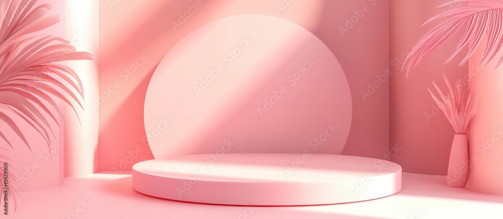 Abstract minimalist scene featuring a pink design for a cosmetic or product display podium in 3D render Abstract minimalist scene featuring a pink design for a cosmetic or product display podium in 3D render