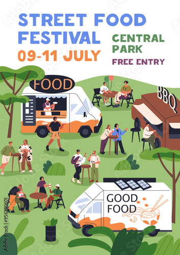 Street food trucks, park festival poster background. Outdoor eating event, people at summer fest. Advertising card, promotion flyer design, vertical placard template. Flat vector illustration