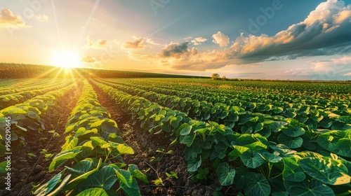 Rows of green soy plants in a field with a beautiful sunset sky
