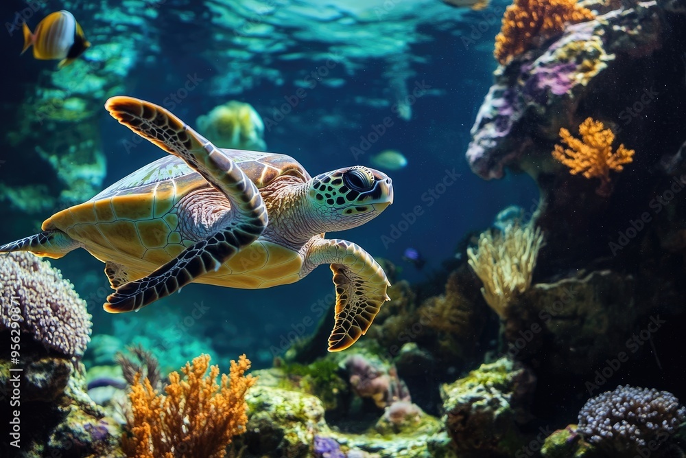Obraz premium A Green Sea Turtle Swimming Amidst Coral Reefs