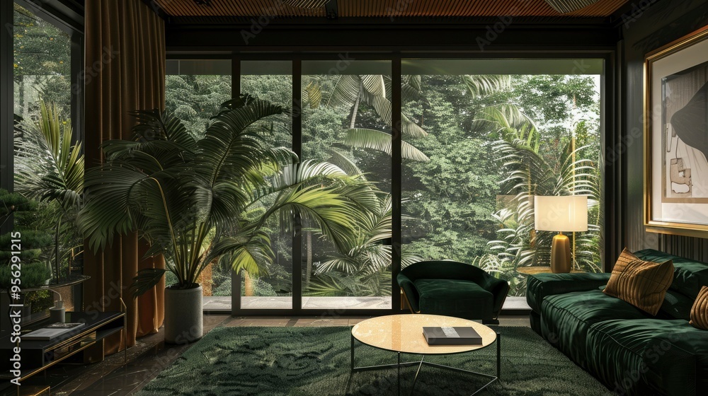 Fototapeta premium Modern Living Room with Tropical View and Luxurious Furniture