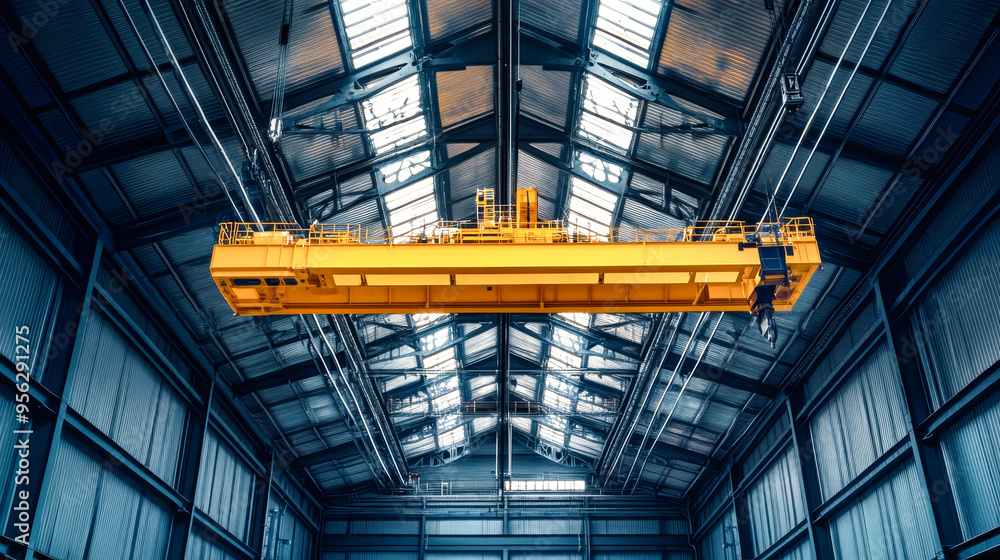 A yellow lifting block hangs from an overhead crane, suspended from the steel roof of a spacious hangar, showcasing modern industrial design A yellow lifting block hangs from an overhead crane, suspended from the steel roof of a spacious hangar, showcasing modern industrial design