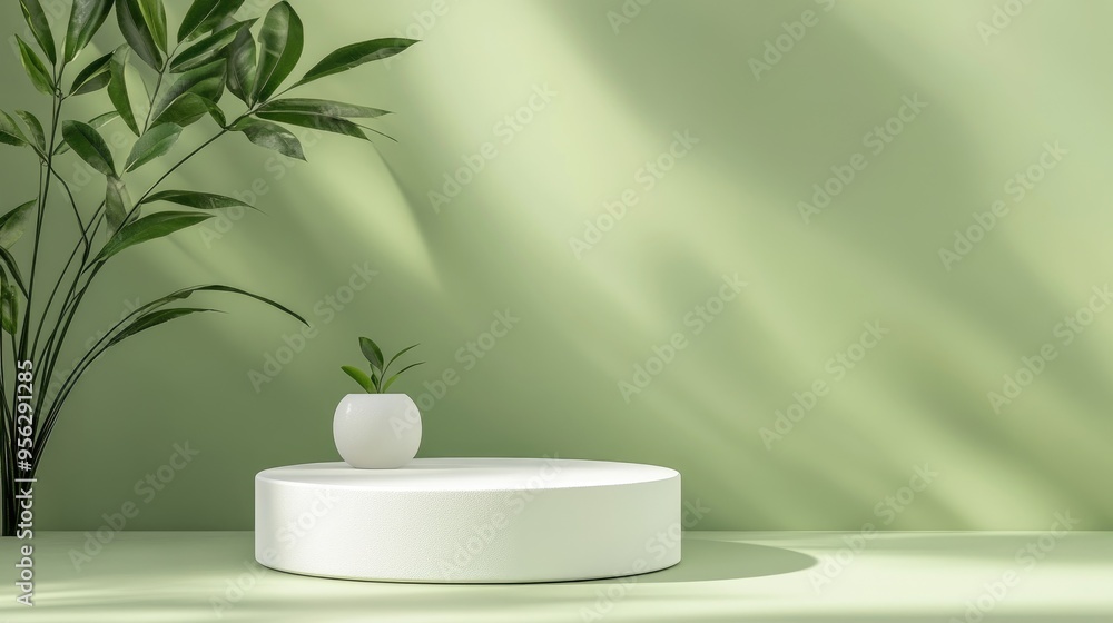 Empty 3D rendered podium for showcasing products against a green backdrop Empty 3D rendered podium for showcasing products against a green backdrop