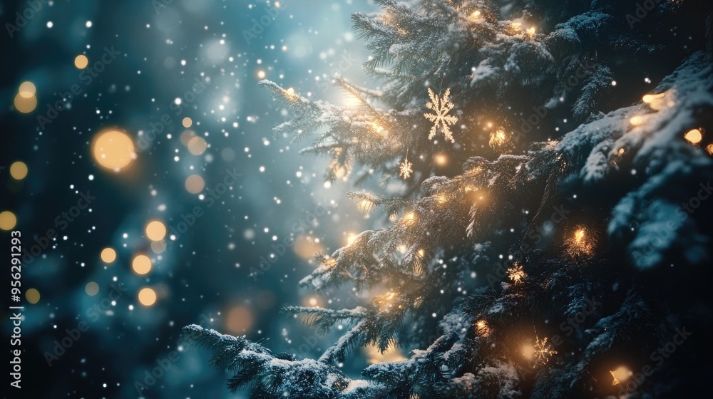 Festive tree adorned with charming lights twinkling stars and delicate snowflakes Festive tree adorned with charming lights twinkling stars and delicate snowflakes