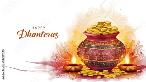 Happy dhanteras celebration with gold kalash and oil lamp diya diwali background