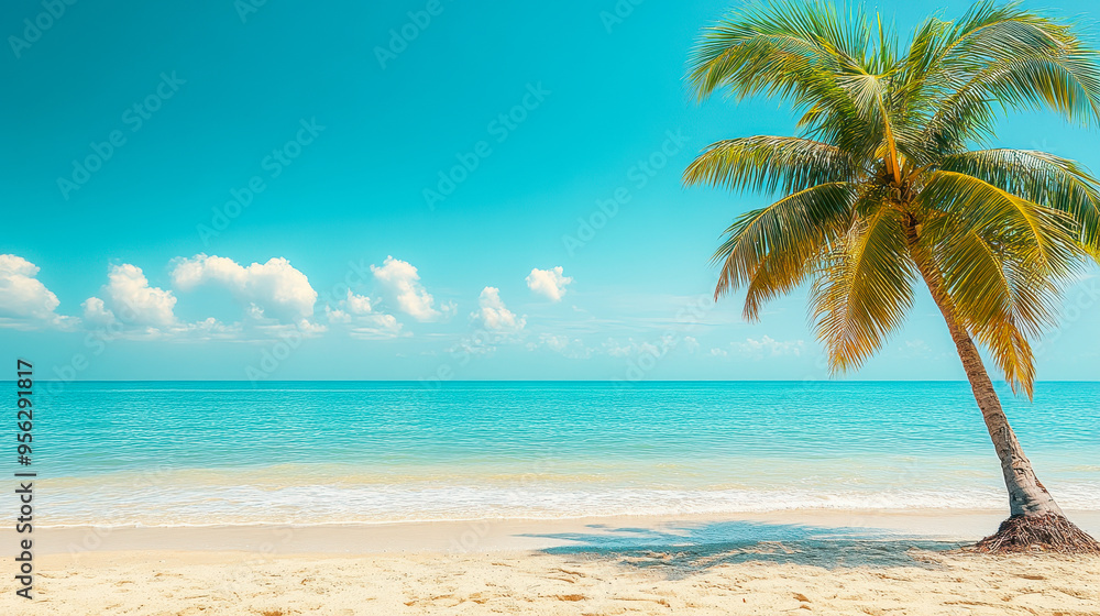 Idyllic Tropical Beach with Palm Tree and Clear Blue Sky, Perfect Travel Getaway and Summer Vacation Destination Idyllic Tropical Beach with Palm Tree and Clear Blue Sky, Perfect Travel Getaway and Summer Vacation Destination