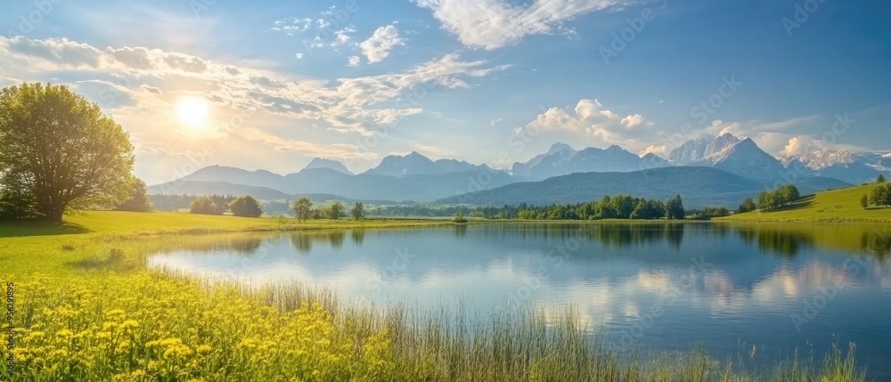 Idyllic summer landscape with mountain lake and Alps Idyllic summer landscape with mountain lake and Alps