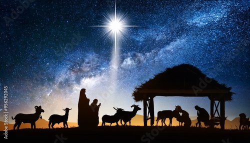 The Star Above
The star of Bethlehem glowing brightly in the night sky, casting light over the entire scene.