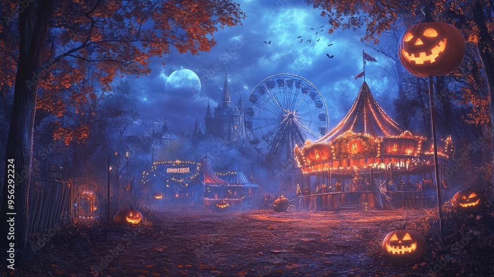 Obraz premium Halloween Haunted Circus at Night's End, Spooky 3D Digital Illustration. AI generated illustration.