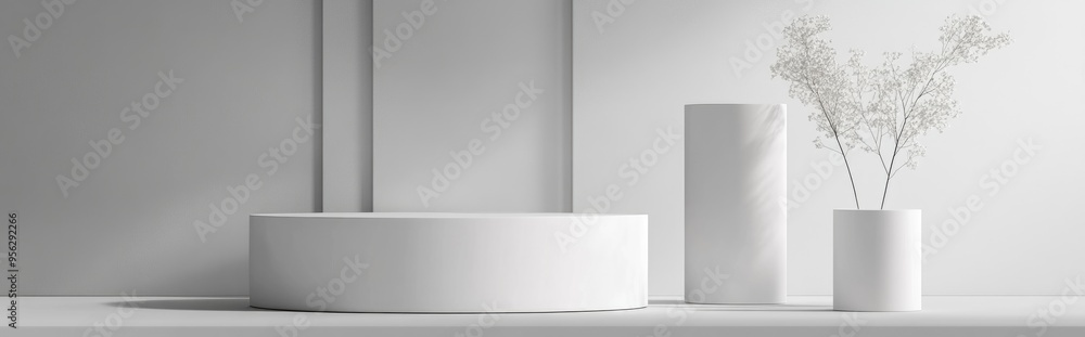 White cylindrical display with abstract minimal geometric podium for product packaging mock up presentation on a cosmetic stage pedestal in a studio background 3D rendering White cylindrical display with abstract minimal geometric podium for product packaging mock up presentation on a cosmetic stage pedestal in a studio background 3D rendering