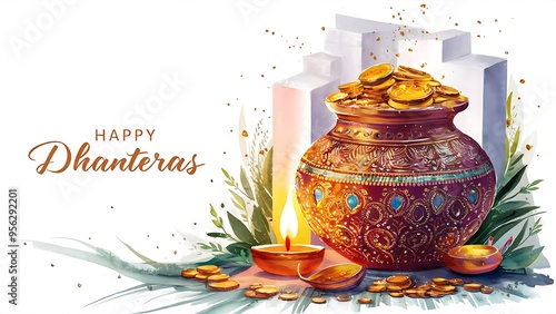 Happy dhanteras celebration with gold kalash and oil lamp diya diwali background photo