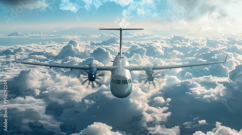 Rear view of an ATR 72 airplane among the clouds Twin engine turboprop short haul regional passenger aircraft Landing airplane photo