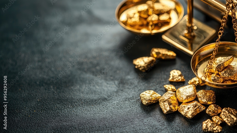 Close-up of gold nuggets and scales on a dark background, symbolizing wealth, value, and investment in precious metals. Close-up of gold nuggets and scales on a dark background, symbolizing wealth, value, and investment in precious metals.