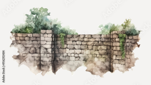 Ancient stone wall watercolor painting