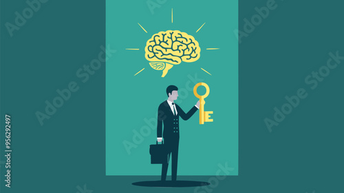 Unlocking True Potential: Businessman Using Golden Key to Access Brain's Hidden Abilities