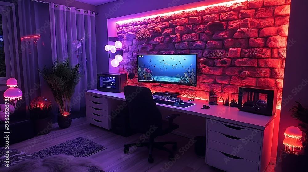 An ocean-themed gaming room, with soft blue lighting and walls adorned with vibrant coral reef murals, featuring a sleek gaming desk surrounded by aquatic decorations like seaweed and jellyfish lamps, An ocean-themed gaming room, with soft blue lighting and walls adorned with vibrant coral reef murals, featuring a sleek gaming desk surrounded by aquatic decorations like seaweed and jellyfish lamps,